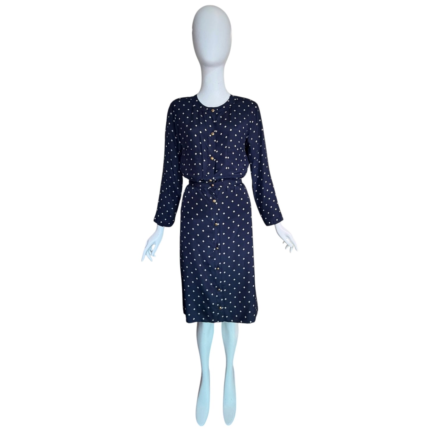 Vintage Chanel Navy Silk Diamond Print Blouse & High-Waisted Skirt Set Gold CC Logo Buttons