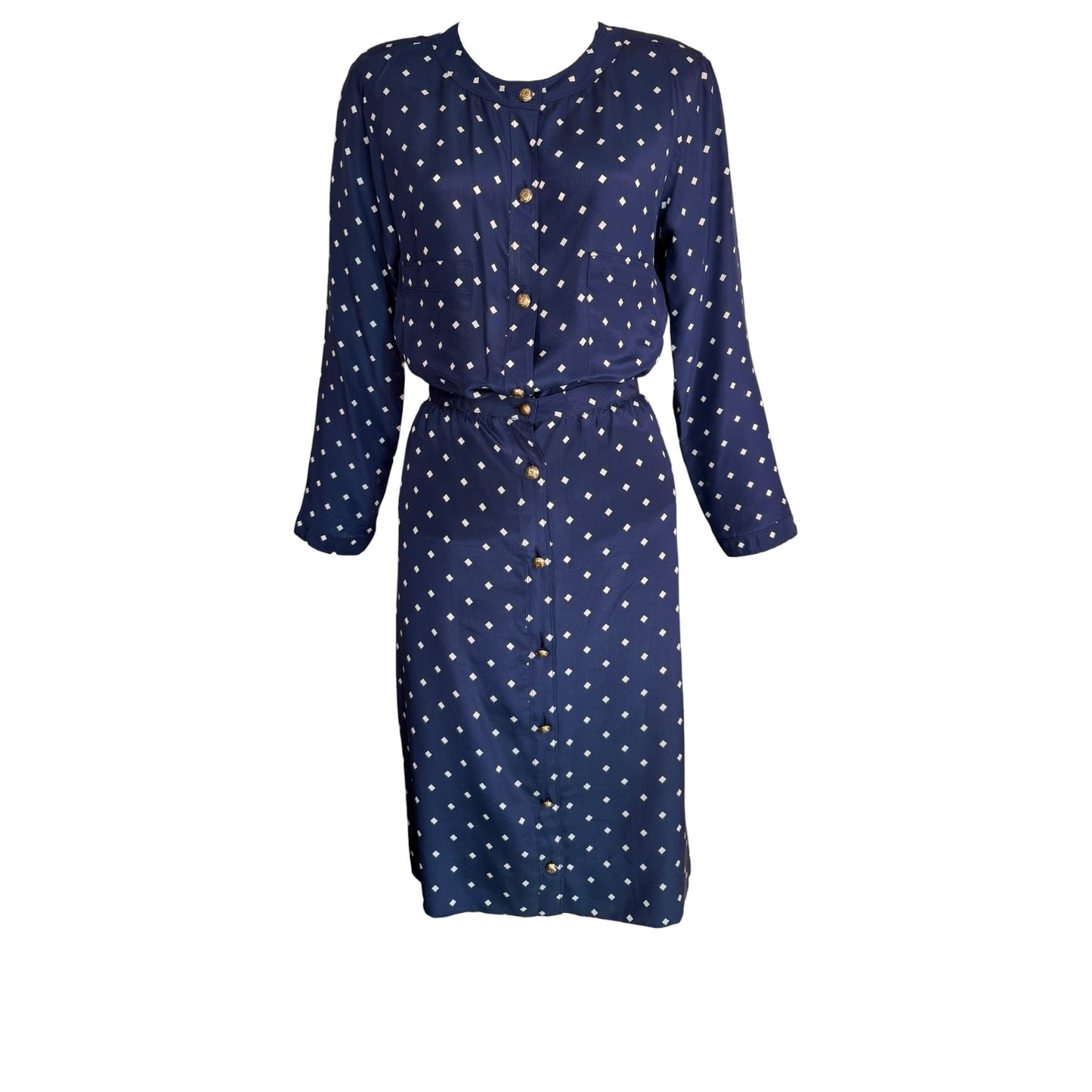 Vintage Chanel Navy Silk Diamond Print Blouse & High-Waisted Skirt Set Gold CC Logo Buttons