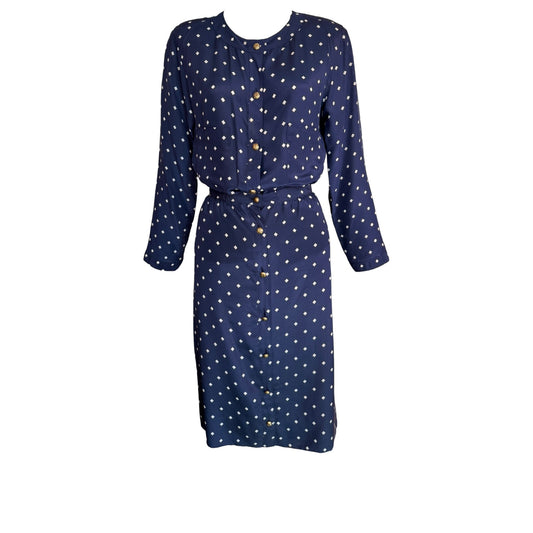 Vintage Chanel Navy Silk Diamond Print Blouse & High-Waisted Skirt Set Gold CC Logo Buttons