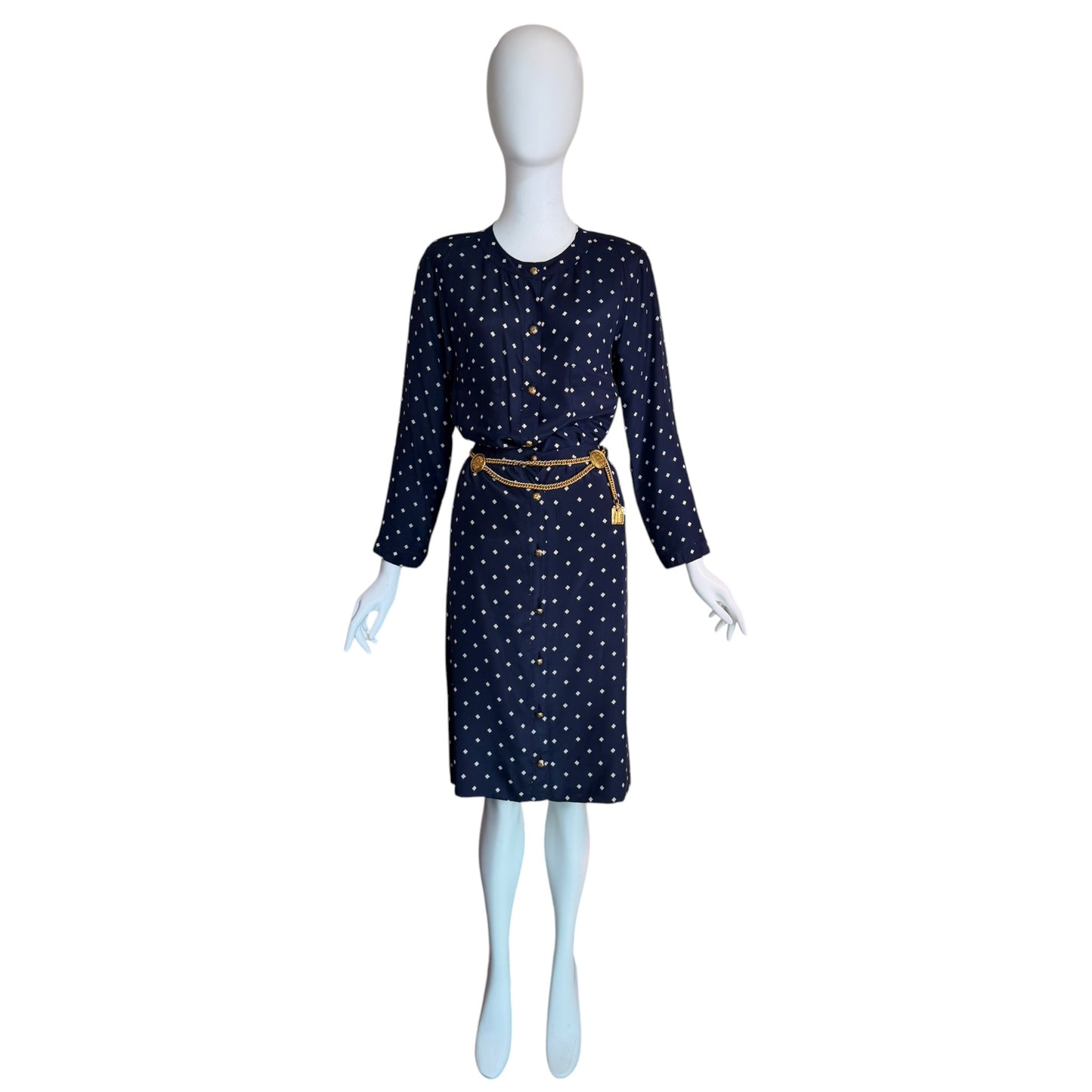 Vintage Chanel Navy Silk Diamond Print Blouse & High-Waisted Skirt Set Gold CC Logo Buttons