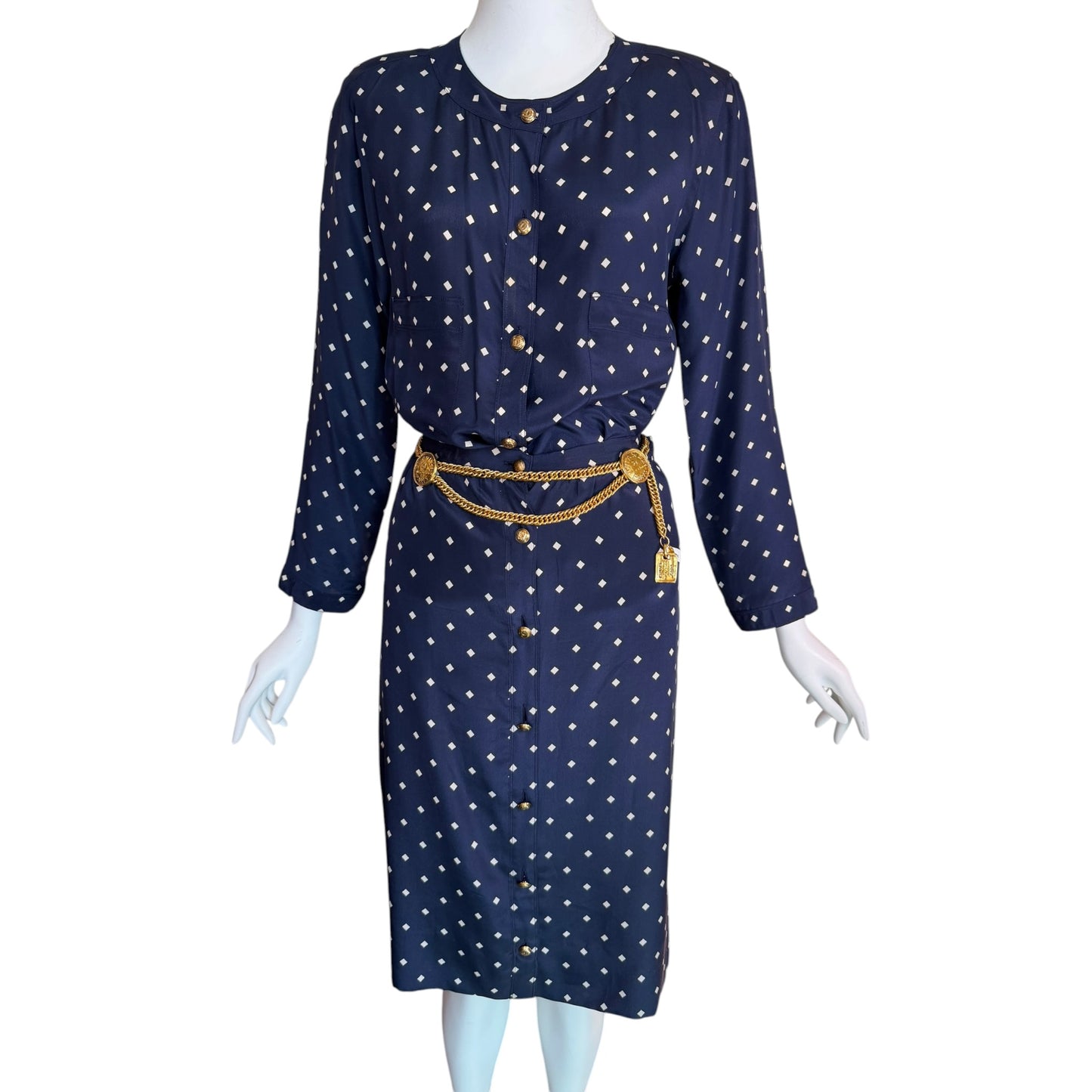 Vintage Chanel Navy Silk Diamond Print Blouse & High-Waisted Skirt Set Gold CC Logo Buttons