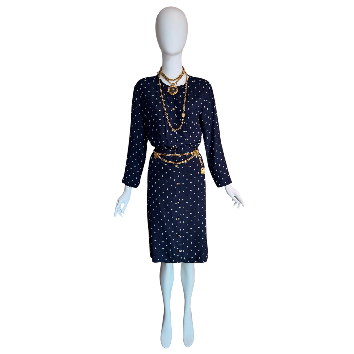Vintage Chanel Navy Silk Diamond Print Blouse & High-Waisted Skirt Set Gold CC Logo Buttons