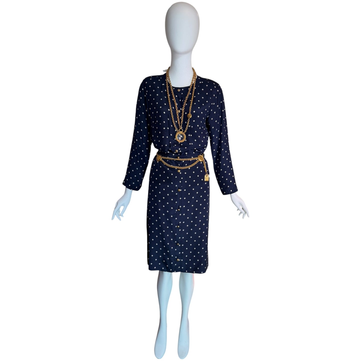 Vintage Chanel Navy Silk Diamond Print Blouse & High-Waisted Skirt Set Gold CC Logo Buttons