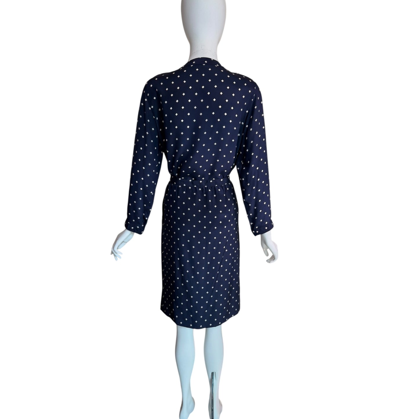 Vintage Chanel Navy Silk Diamond Print Blouse & High-Waisted Skirt Set Gold CC Logo Buttons