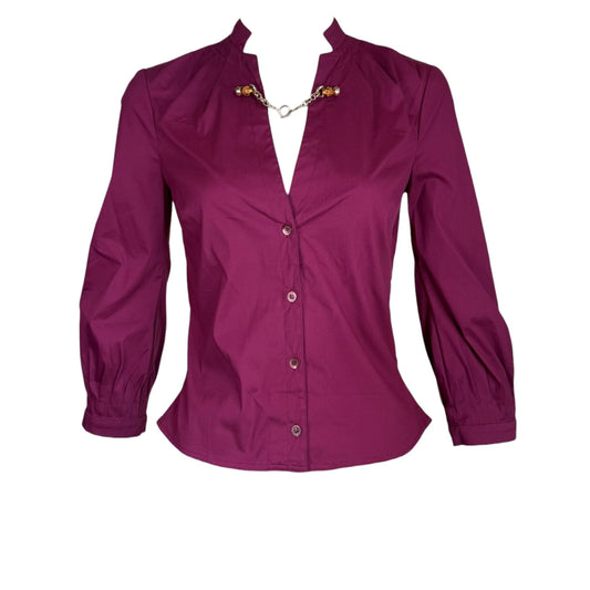 Gucci by Tom Ford Vintage Plum Stretch Cotton Deep V Bamboo-Inspired Chain Detail Blouse Size 40