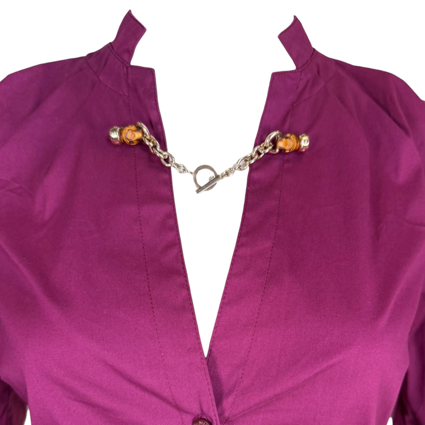 Gucci by Tom Ford Vintage Plum Stretch Cotton Deep V Bamboo-Inspired Chain Detail Blouse Size 40