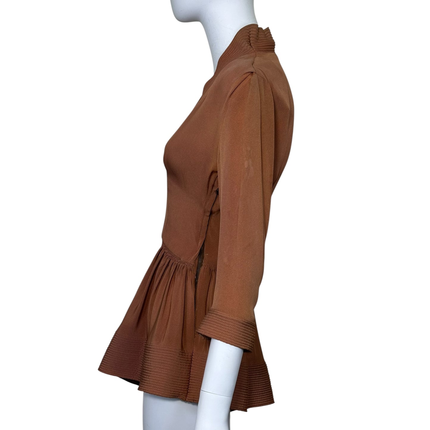 1940s Dusty Terracotta Rayon Crepe Asymmetrical Peplum Blouse | Size Small