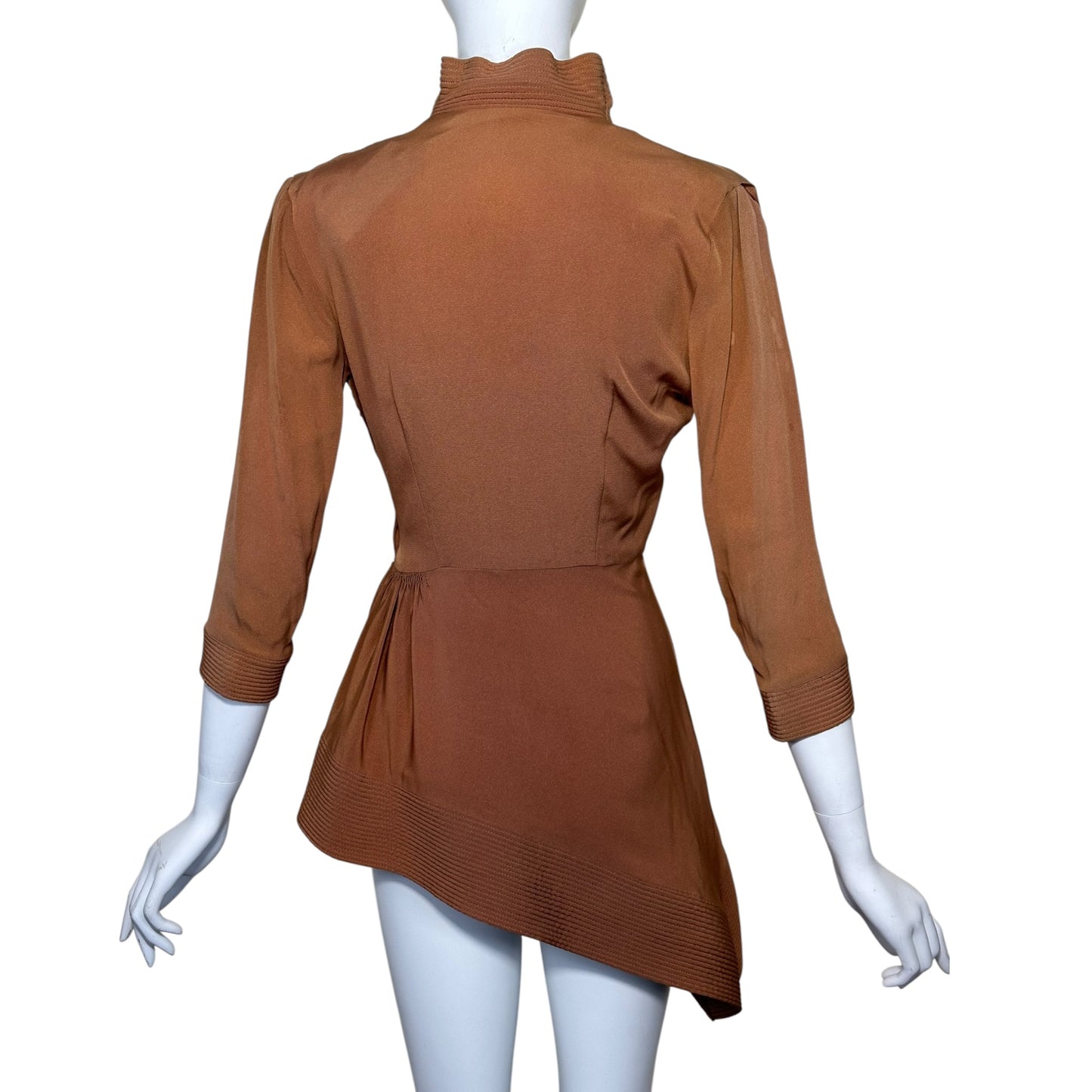 1940s Dusty Terracotta Rayon Crepe Asymmetrical Peplum Blouse | Size Small