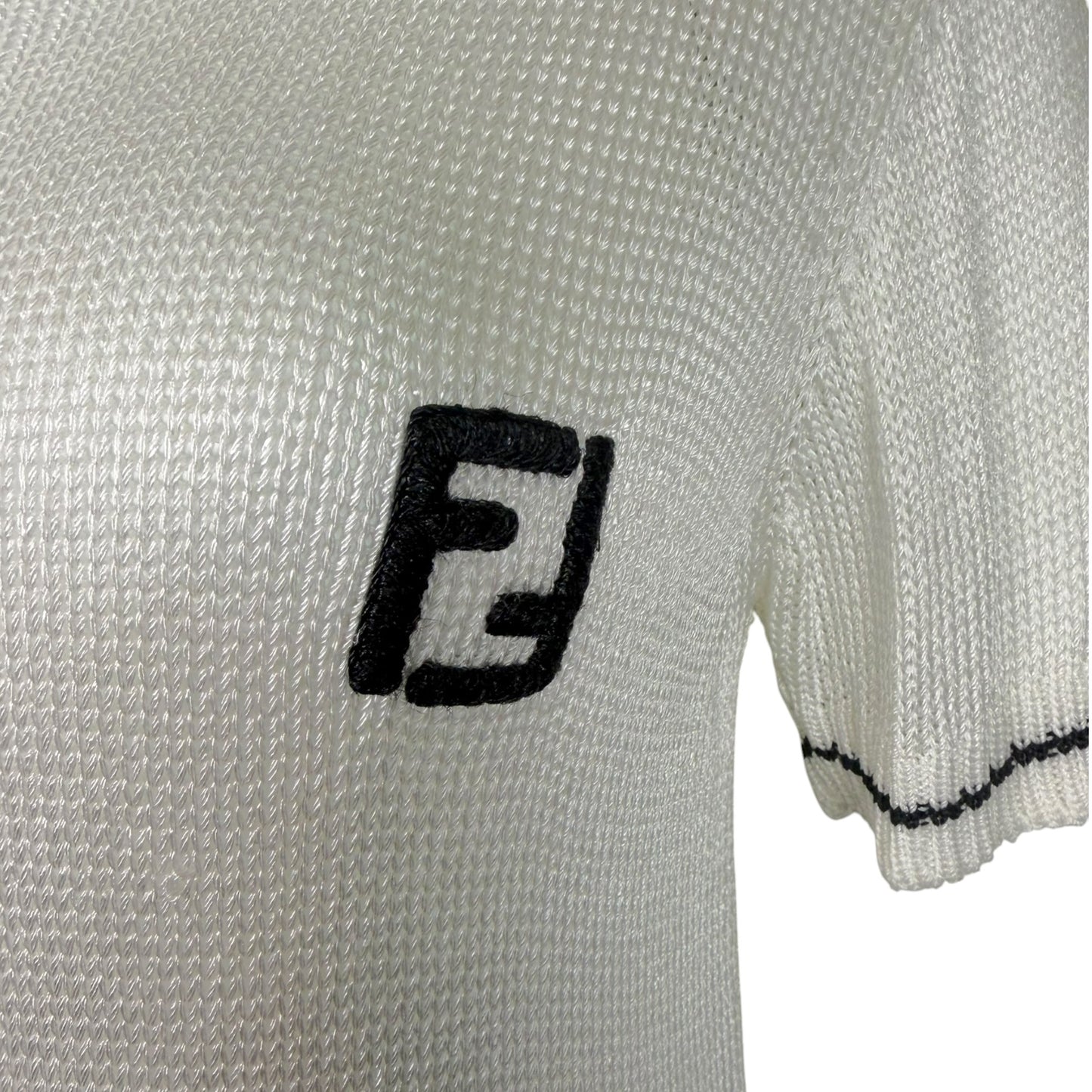 Vintage 1990s Fendi White Knit Zucca Logo Top with Black Contrast Trim
