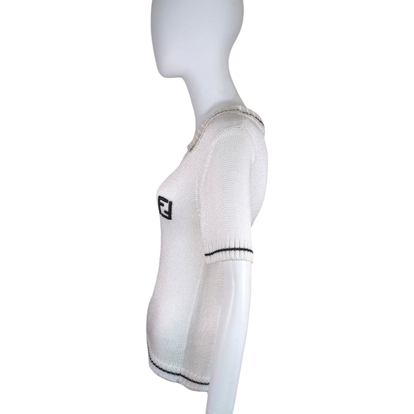 Vintage 1990s Fendi White Knit Zucca Logo Top with Black Contrast Trim