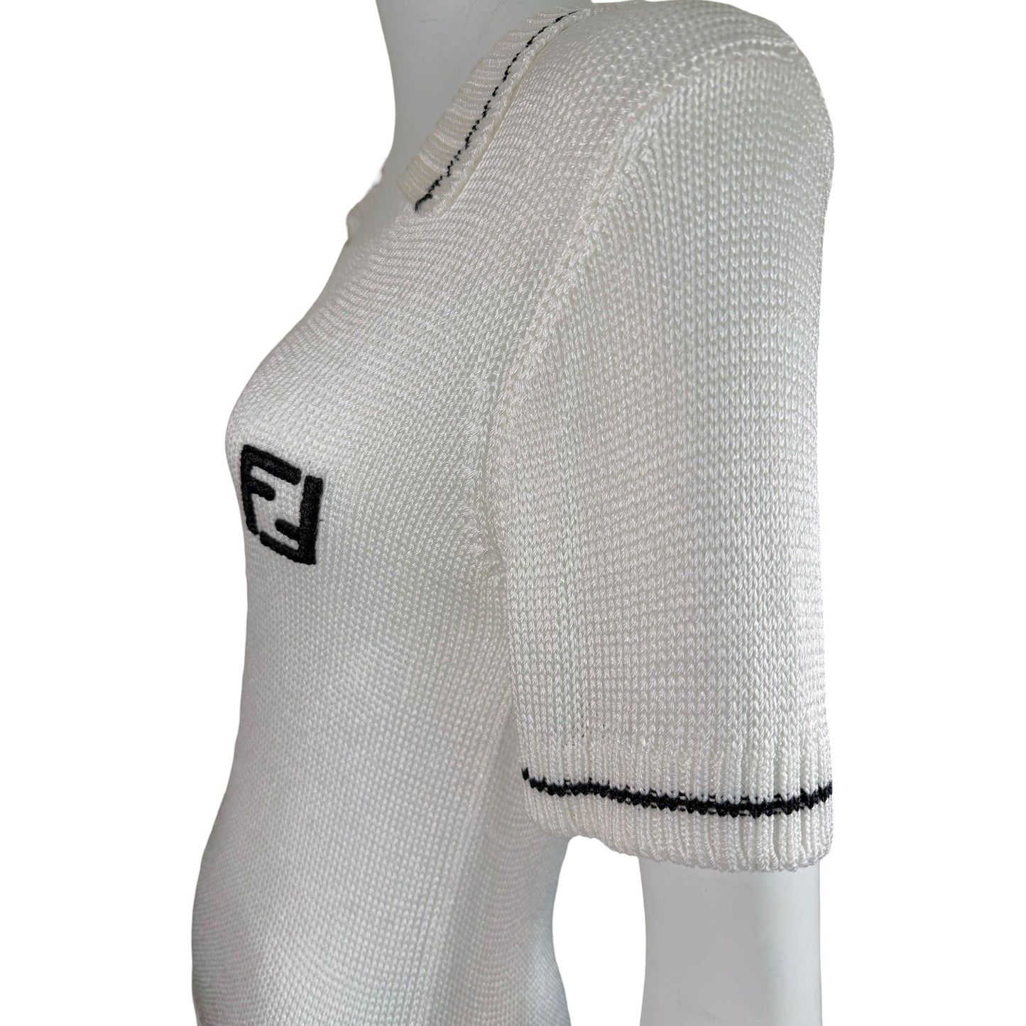 Vintage 1990s Fendi White Knit Zucca Logo Top with Black Contrast Trim