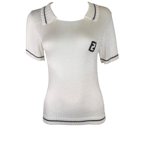Vintage 1990s Fendi White Knit Zucca Logo Top with Black Contrast Trim