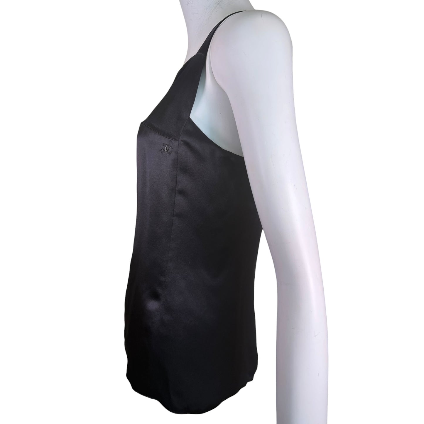 Chanel Black Silk Satin CC Logo Tank Top NWT Size 36 Made in France