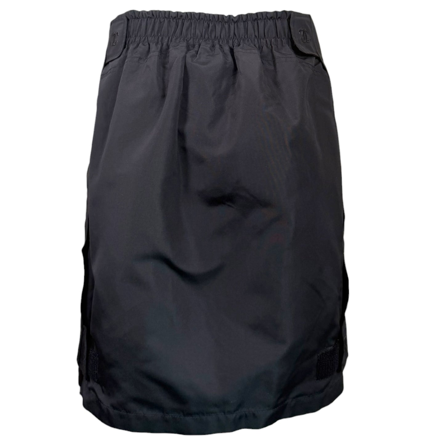 Chanel F/W 1994 Runway Black Silk Quilted Utility Skirt with CC Logo Tabs Sz 38