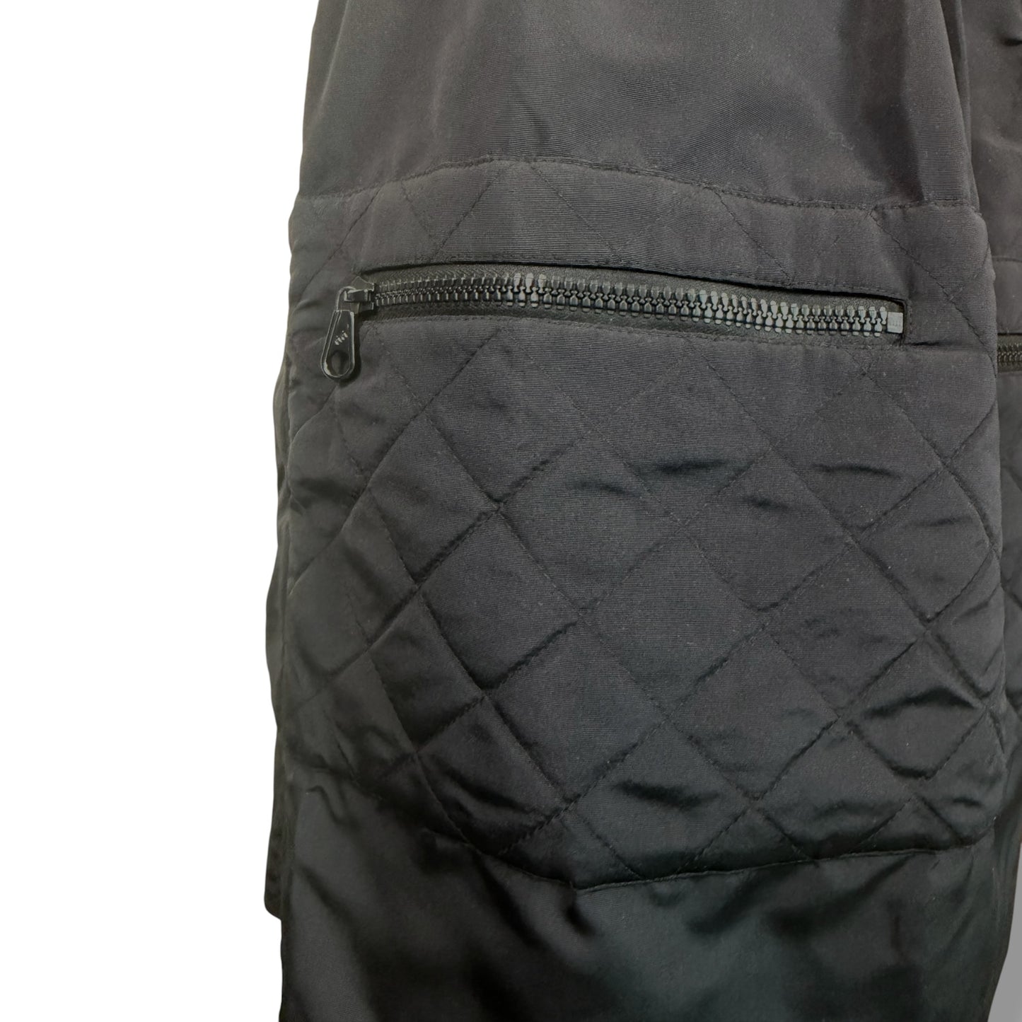 Chanel F/W 1994 Runway Black Silk Quilted Utility Skirt with CC Logo Tabs Sz 38