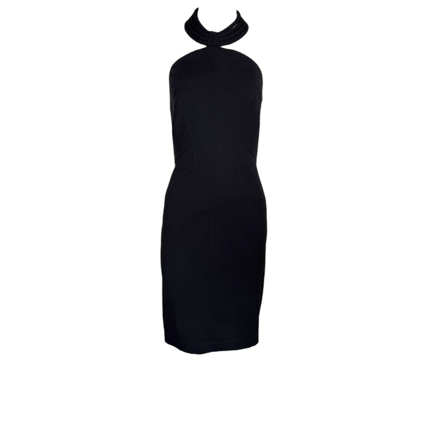Vintage MUGLER Black Sculptural Halter Neck Bodycon Cocktail Dress Size 44 Made in France