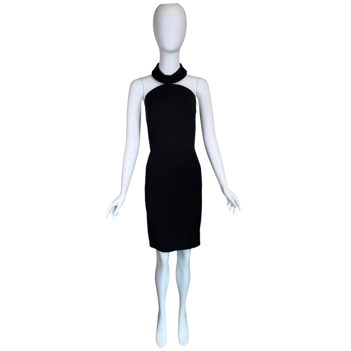 Vintage MUGLER Black Sculptural Halter Neck Bodycon Cocktail Dress Size 44 Made in France