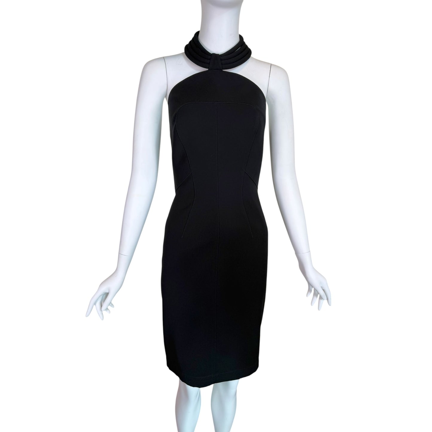 Vintage MUGLER Black Sculptural Halter Neck Bodycon Cocktail Dress Size 44 Made in France