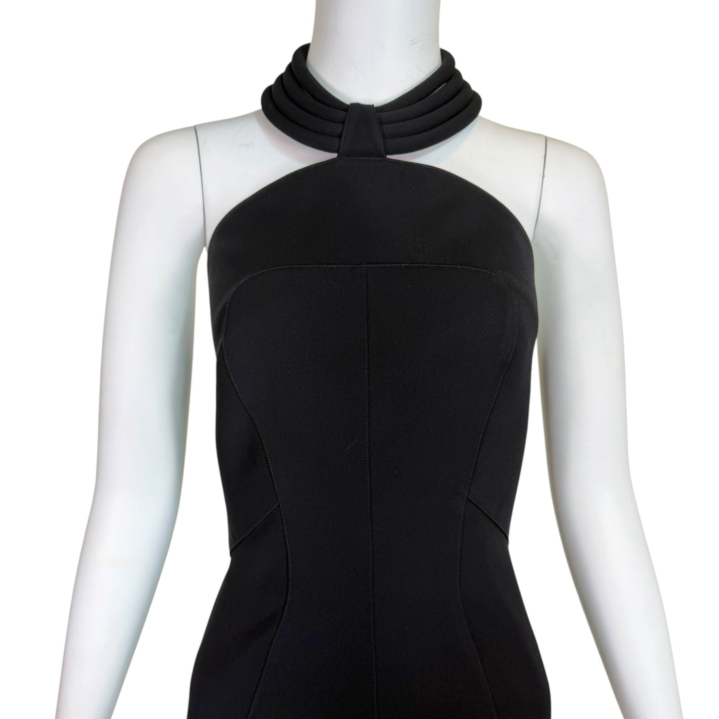 Vintage MUGLER Black Sculptural Halter Neck Bodycon Cocktail Dress Size 44 Made in France
