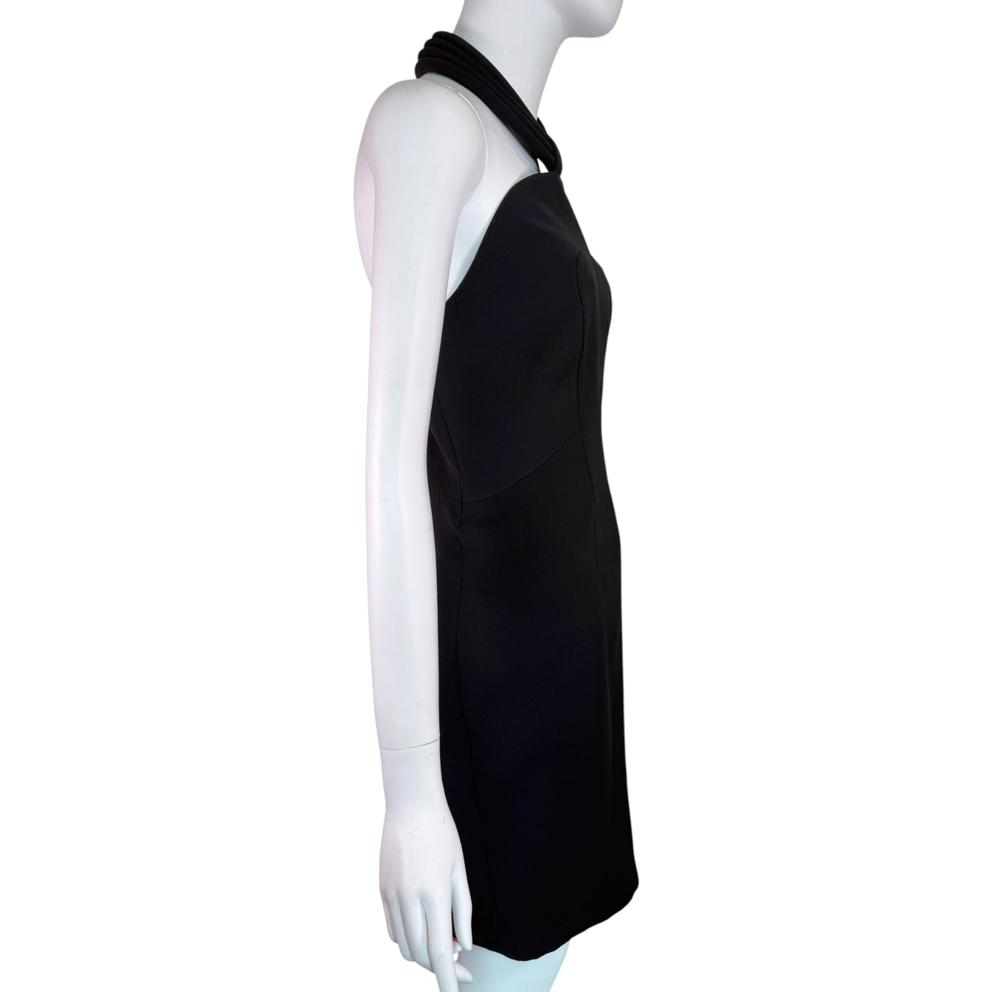 Vintage MUGLER Black Sculptural Halter Neck Bodycon Cocktail Dress Size 44 Made in France
