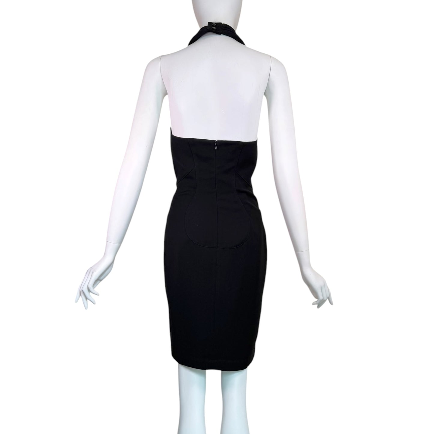 Vintage MUGLER Black Sculptural Halter Neck Bodycon Cocktail Dress Size 44 Made in France