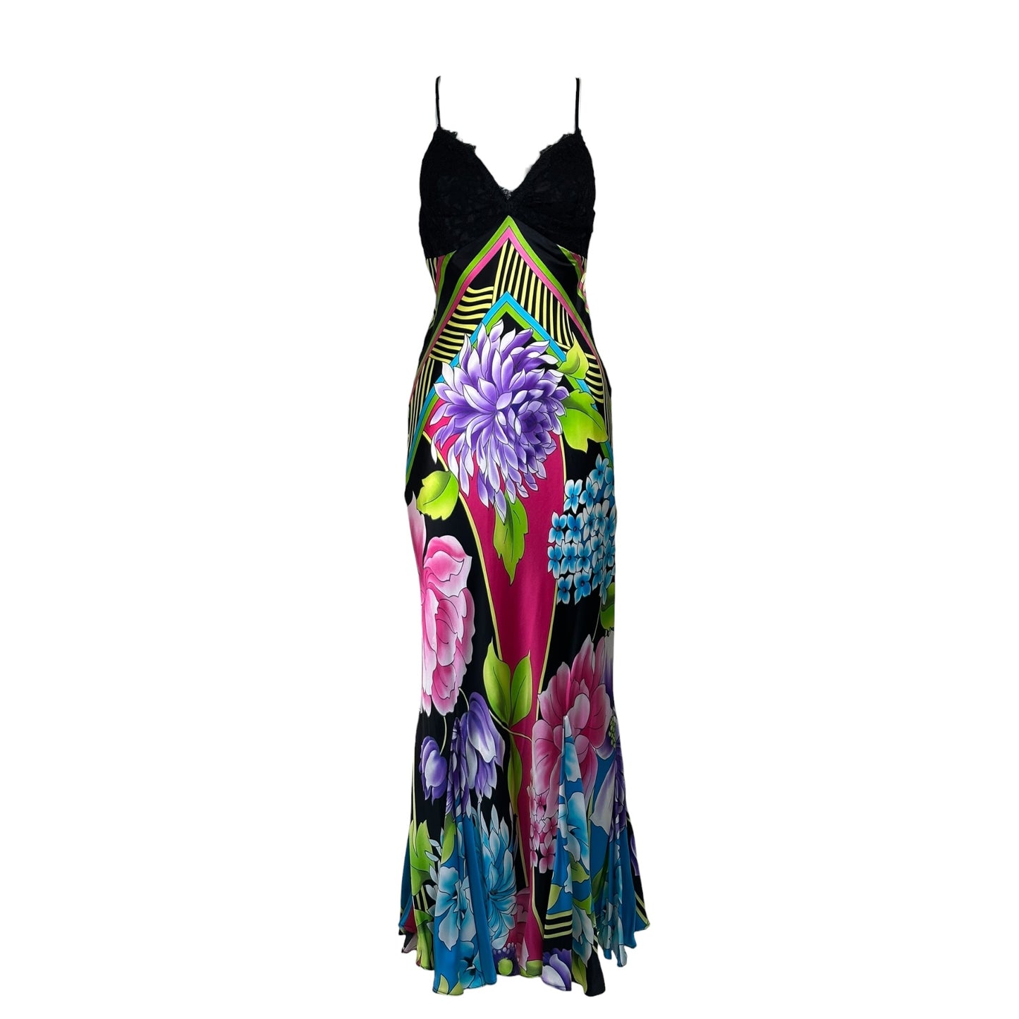 Vintage Y2K Cache Silk Floral Print and Black Lace Bralette Dress Sz 4