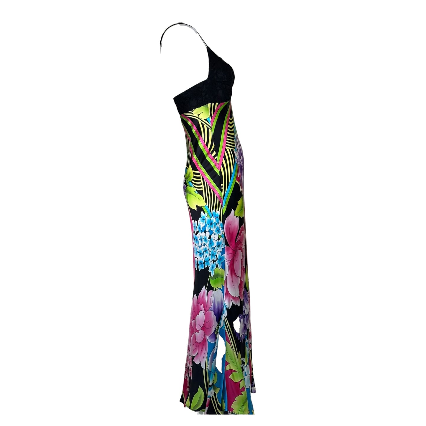 Vintage Y2K Cache Silk Floral Print and Black Lace Bralette Dress Sz 4