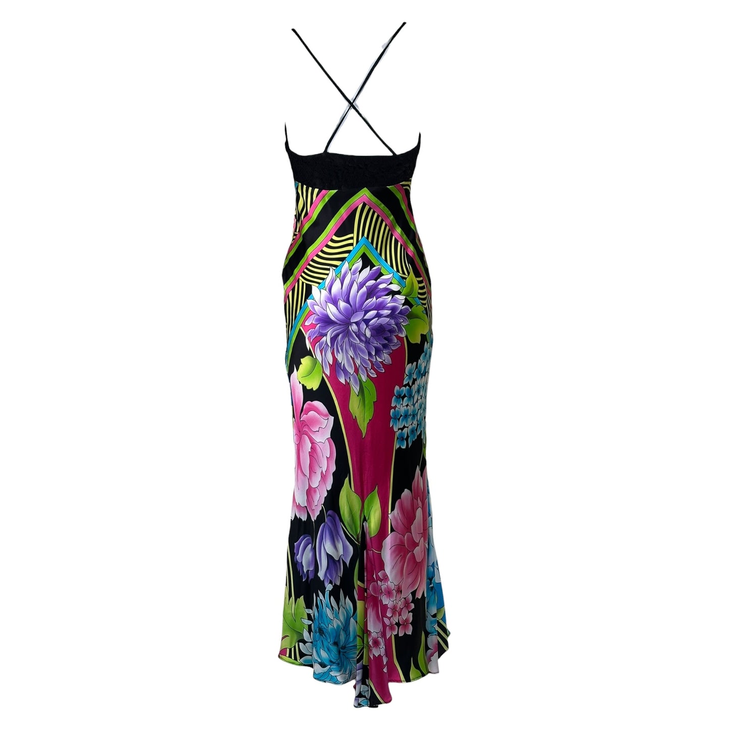 Vintage Y2K Cache Silk Floral Print and Black Lace Bralette Dress Sz 4