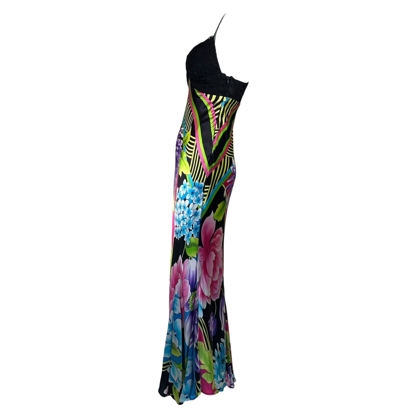 Vintage Y2K Cache Silk Floral Print and Black Lace Bralette Dress Sz 4