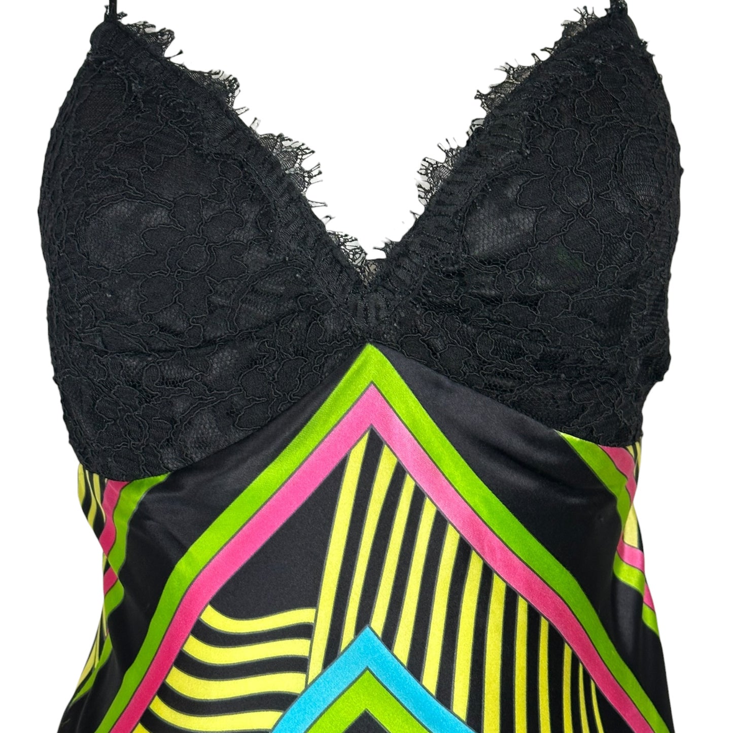 Vintage Y2K Cache Silk Floral Print and Black Lace Bralette Dress Sz 4