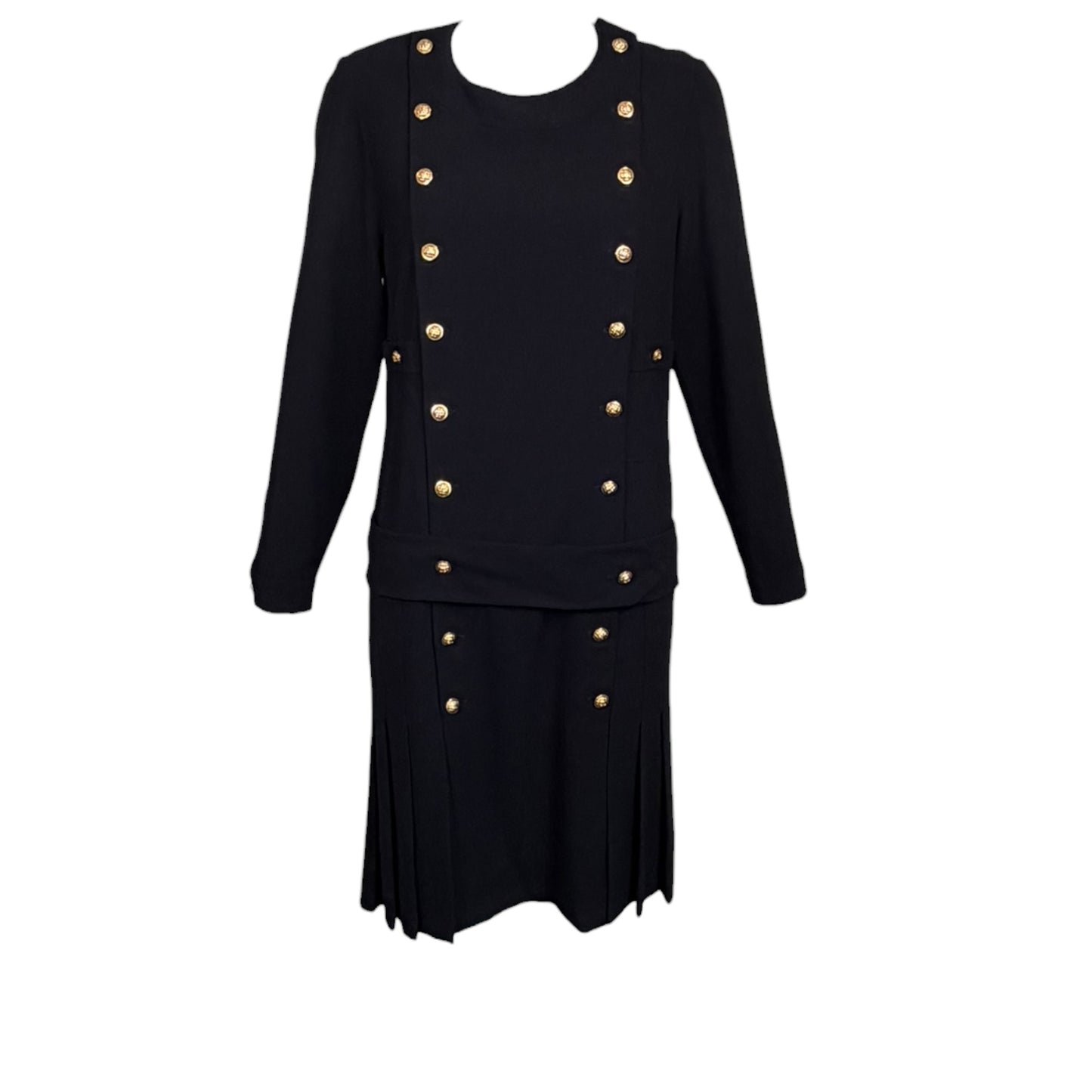 Vintage 1980s Chanel Boutique Black Wool Pleated Dress with Gold CC Logo Buttons & Belt | Size 38