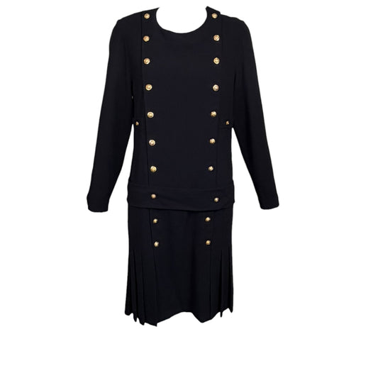 Vintage 1980s Chanel Boutique Black Wool Pleated Dress with Gold CC Logo Buttons & Belt | Size 38