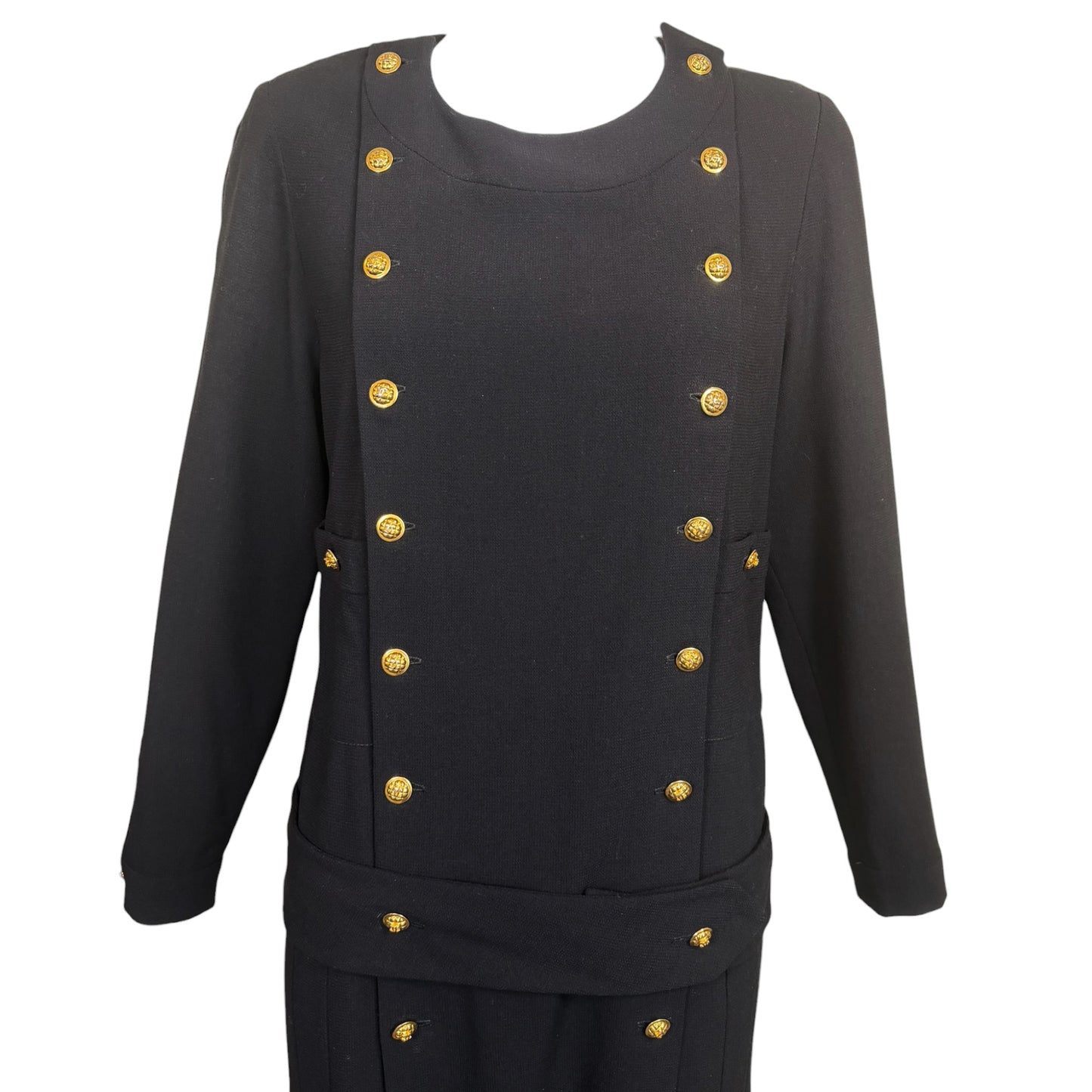 Vintage 1980s Chanel Boutique Black Wool Pleated Dress with Gold CC Logo Buttons & Belt | Size 38