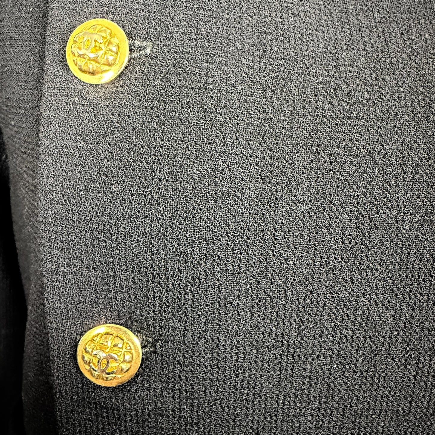 Vintage 1980s Chanel Boutique Black Wool Pleated Dress with Gold CC Logo Buttons & Belt | Size 38