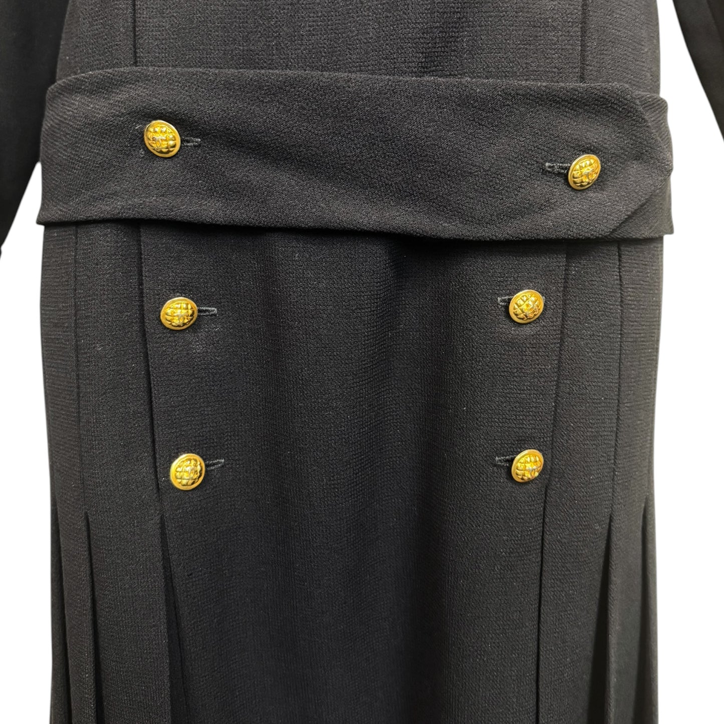 Vintage 1980s Chanel Boutique Black Wool Pleated Dress with Gold CC Logo Buttons & Belt | Size 38