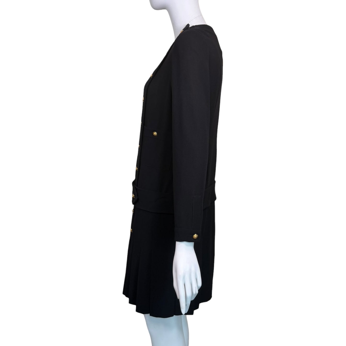 Vintage 1980s Chanel Boutique Black Wool Pleated Dress with Gold CC Logo Buttons & Belt | Size 38