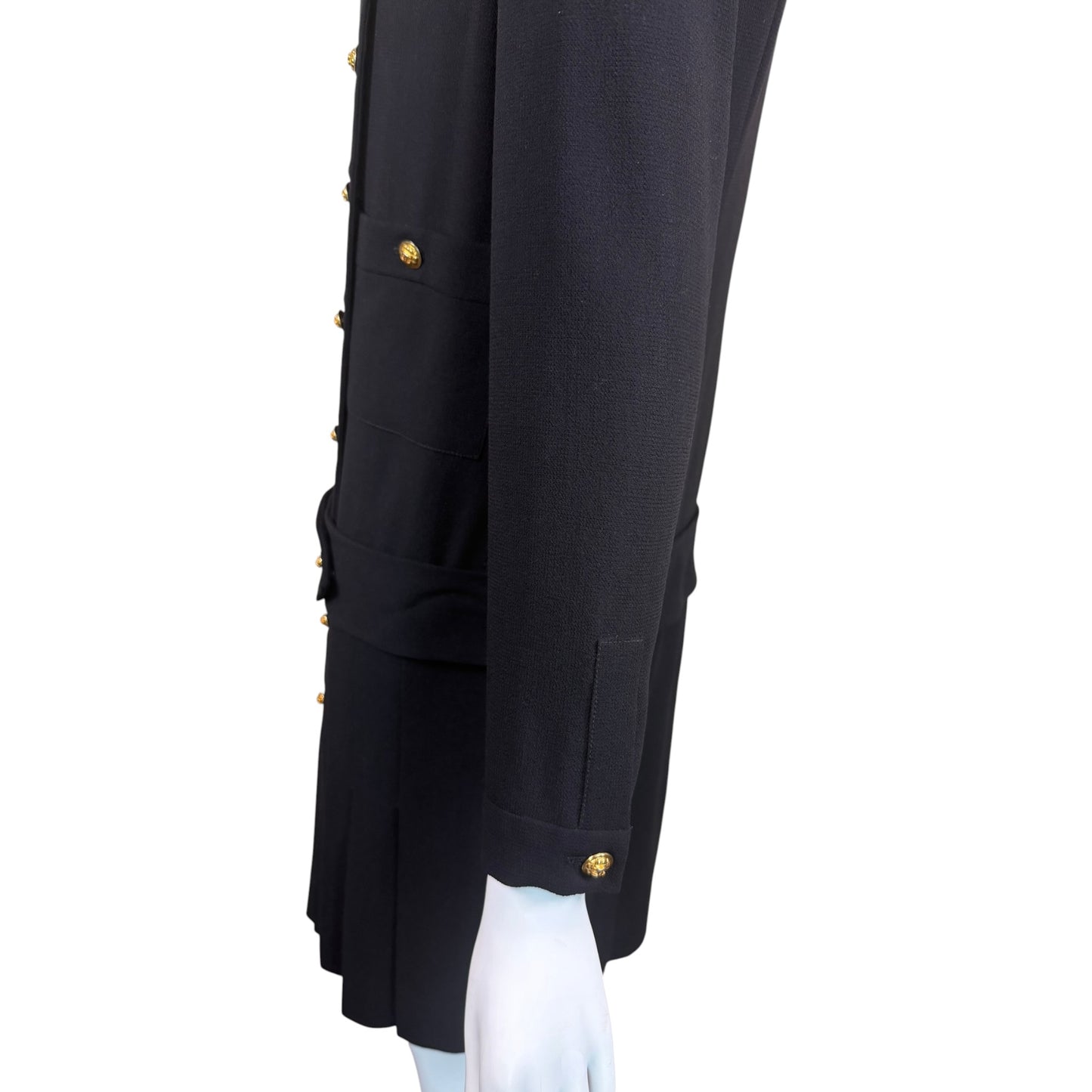 Vintage 1980s Chanel Boutique Black Wool Pleated Dress with Gold CC Logo Buttons & Belt | Size 38