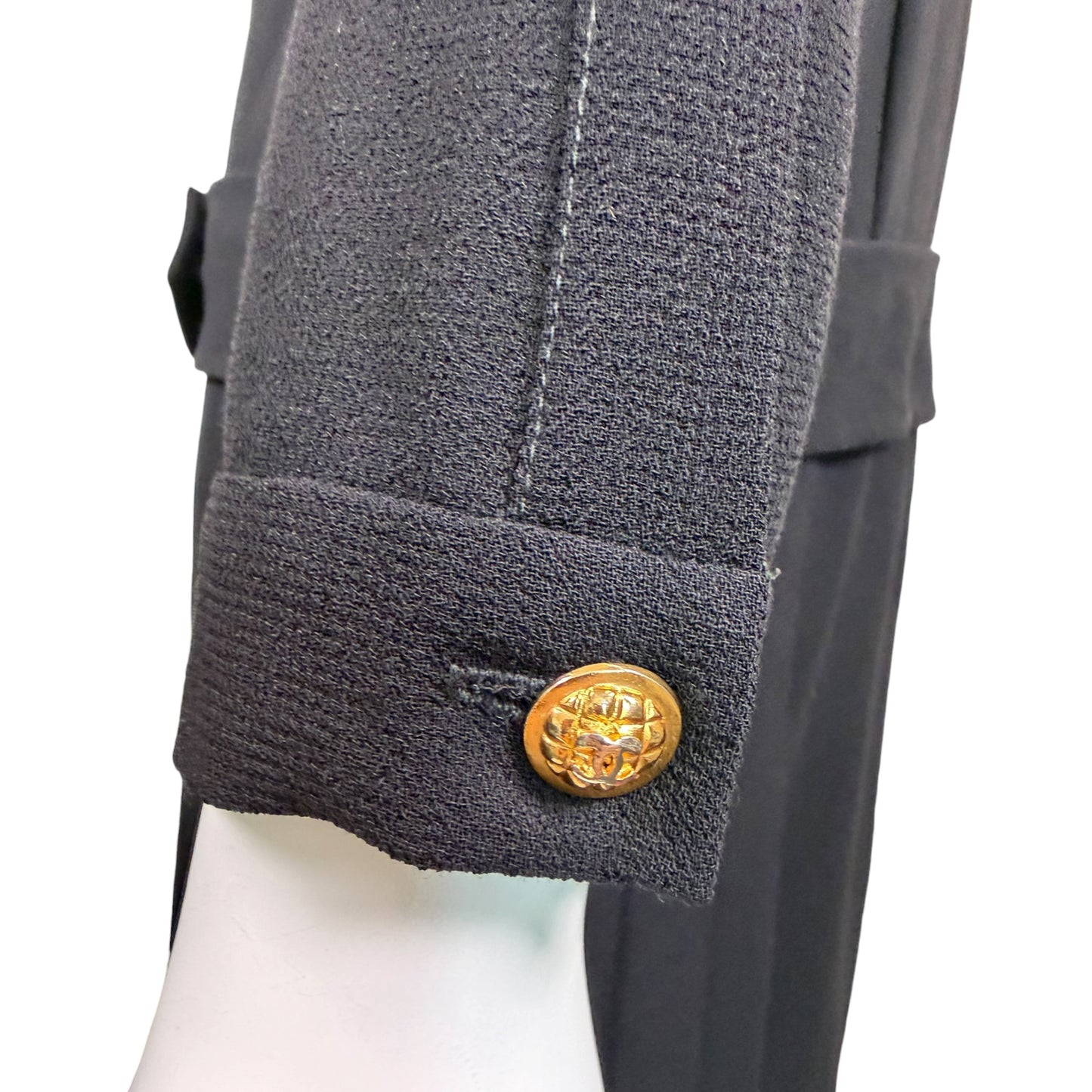 Vintage 1980s Chanel Boutique Black Wool Pleated Dress with Gold CC Logo Buttons & Belt | Size 38