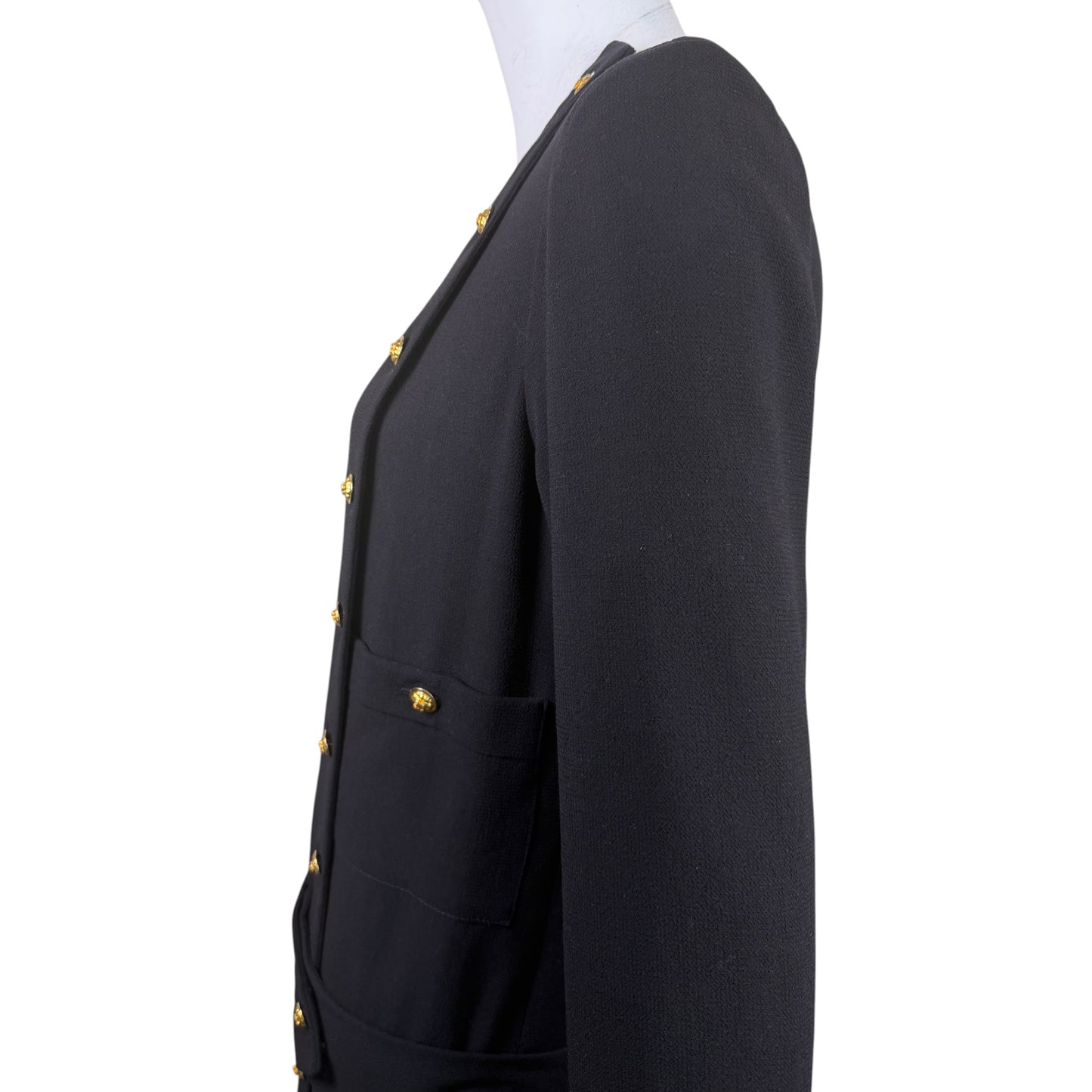 Vintage 1980s Chanel Boutique Black Wool Pleated Dress with Gold CC Logo Buttons & Belt | Size 38