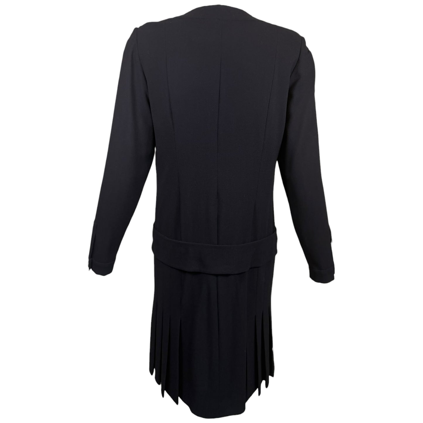 Vintage 1980s Chanel Boutique Black Wool Pleated Dress with Gold CC Logo Buttons & Belt | Size 38