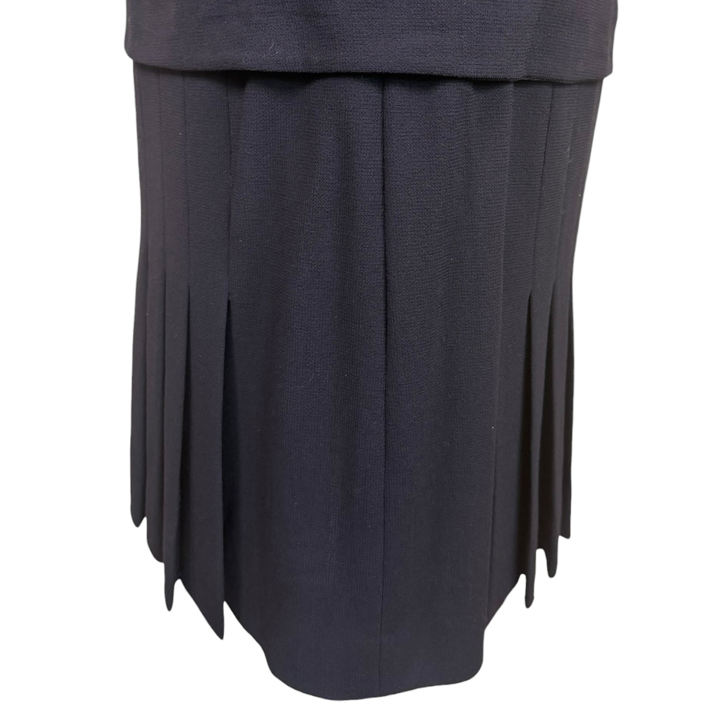 Vintage 1980s Chanel Boutique Black Wool Pleated Dress with Gold CC Logo Buttons & Belt | Size 38