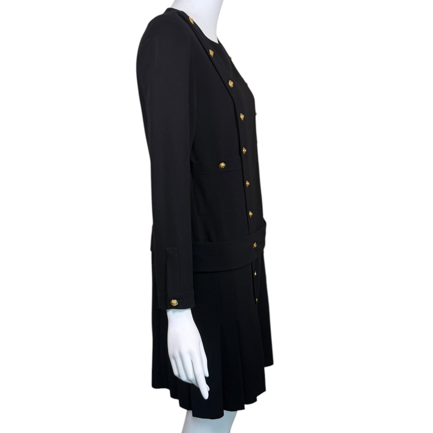 Vintage 1980s Chanel Boutique Black Wool Pleated Dress with Gold CC Logo Buttons & Belt | Size 38