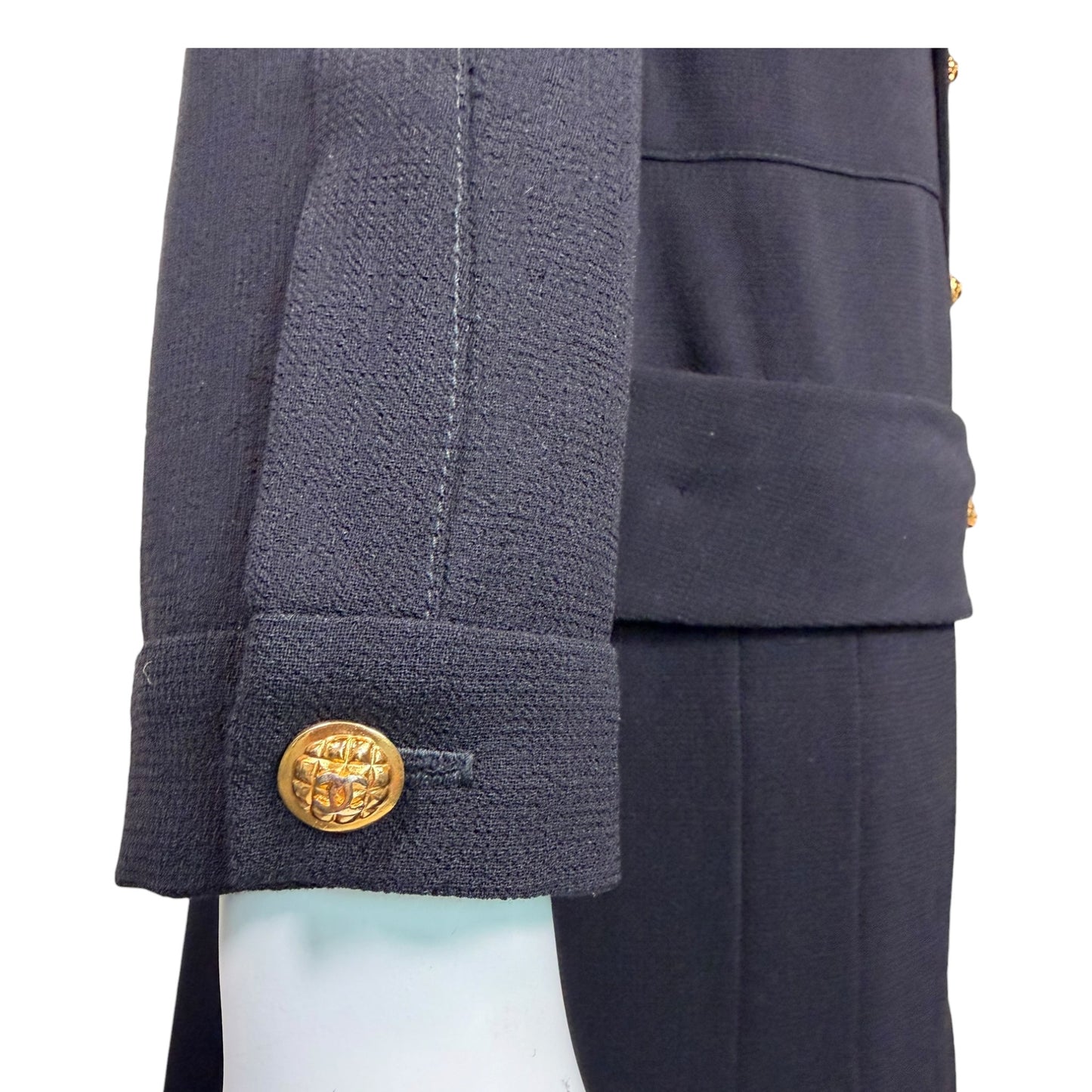 Vintage 1980s Chanel Boutique Black Wool Pleated Dress with Gold CC Logo Buttons & Belt | Size 38