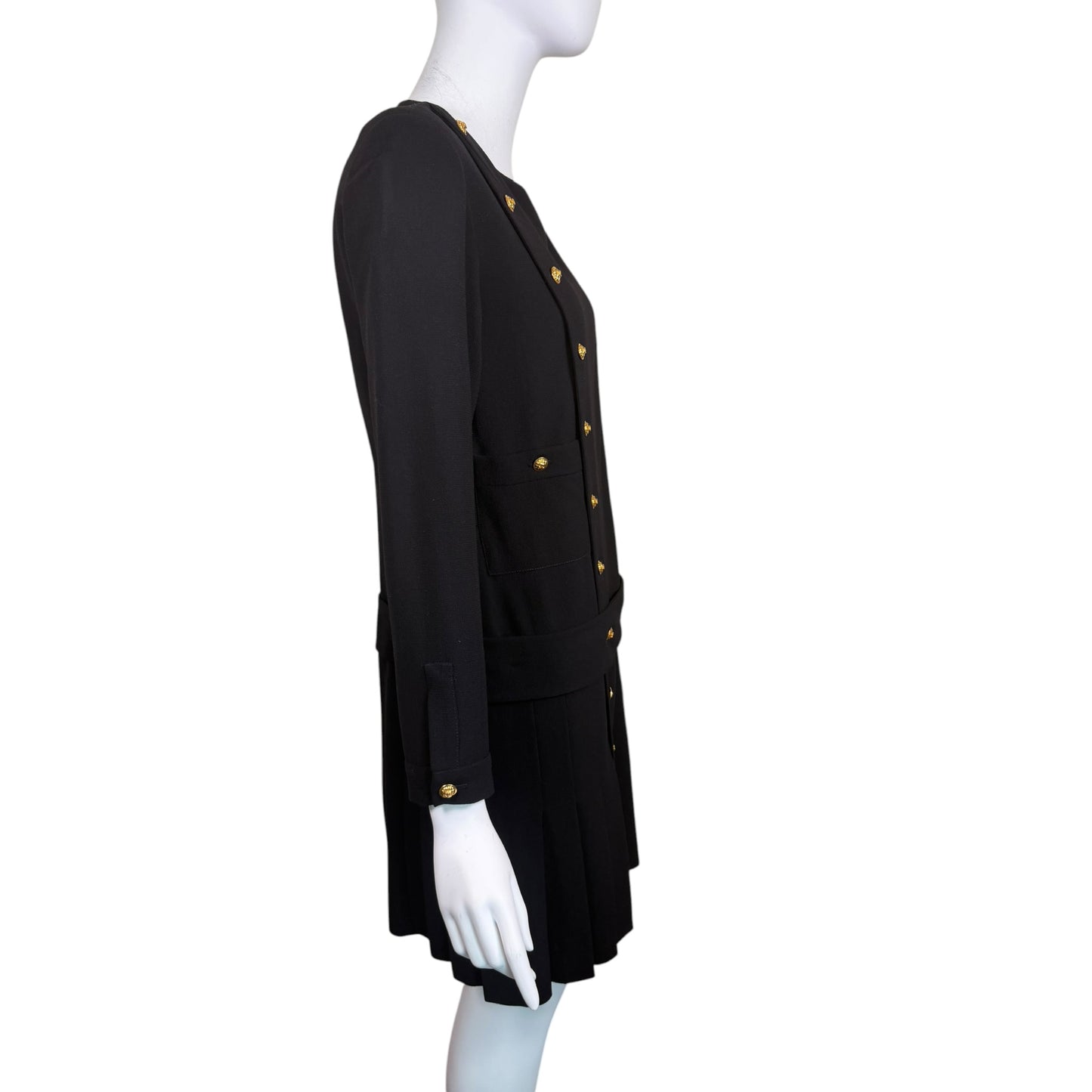 Vintage 1980s Chanel Boutique Black Wool Pleated Dress with Gold CC Logo Buttons & Belt | Size 38