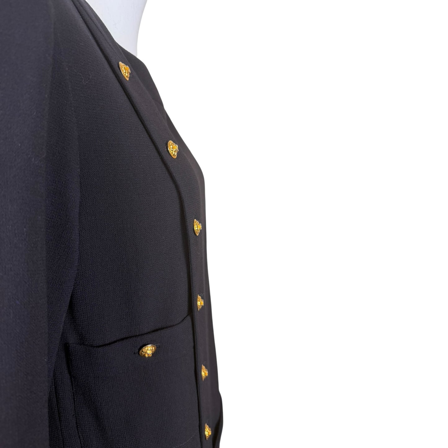 Vintage 1980s Chanel Boutique Black Wool Pleated Dress with Gold CC Logo Buttons & Belt | Size 38