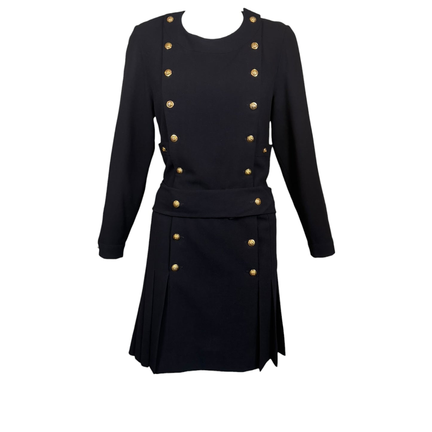 Vintage 1980s Chanel Boutique Black Wool Pleated Dress with Gold CC Logo Buttons & Belt | Size 38