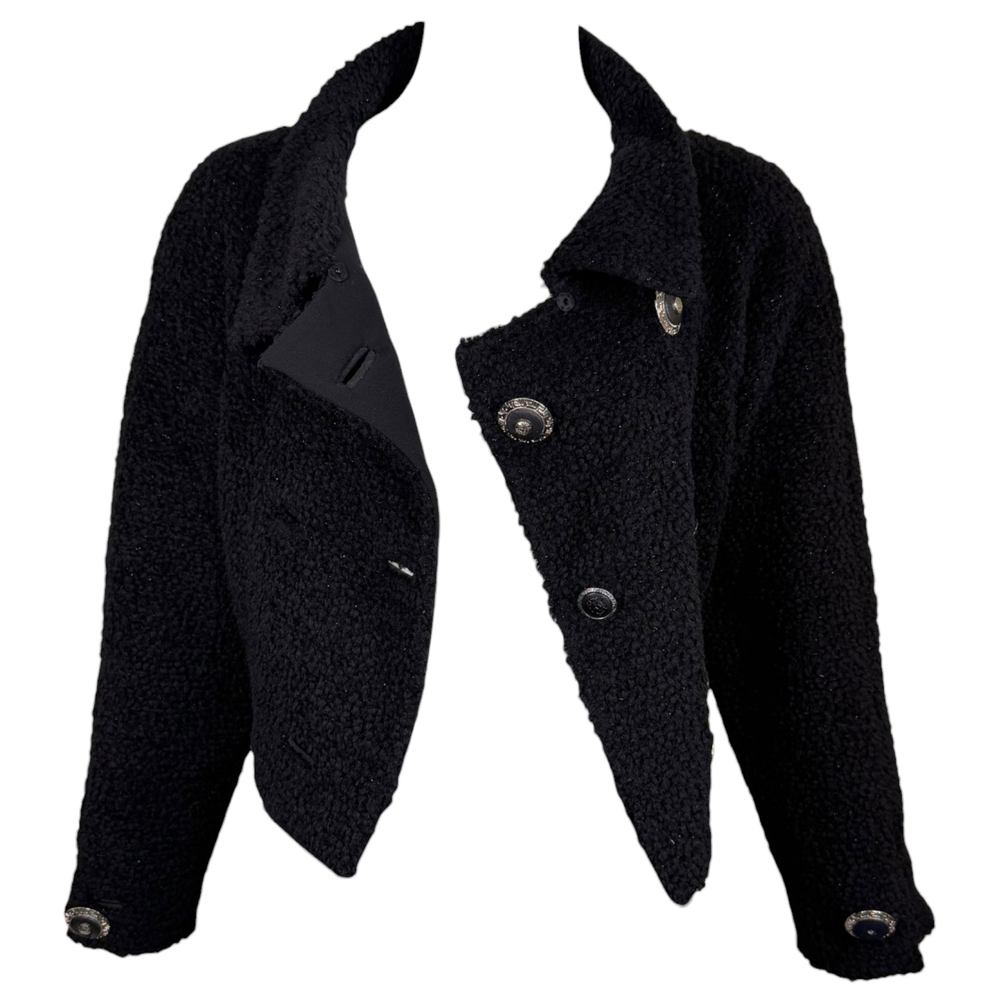 Gianni Versace Couture Fall 1995 Runway Black Bouclé Cropped Jacket | Size 42