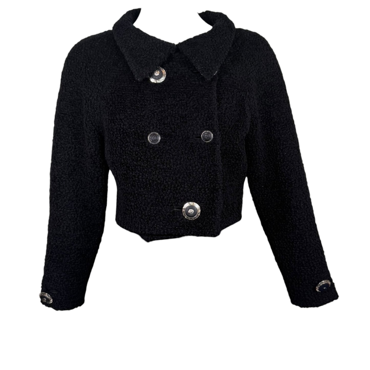 Gianni Versace Couture Fall 1995 Runway Black Bouclé Cropped Jacket | Size 42