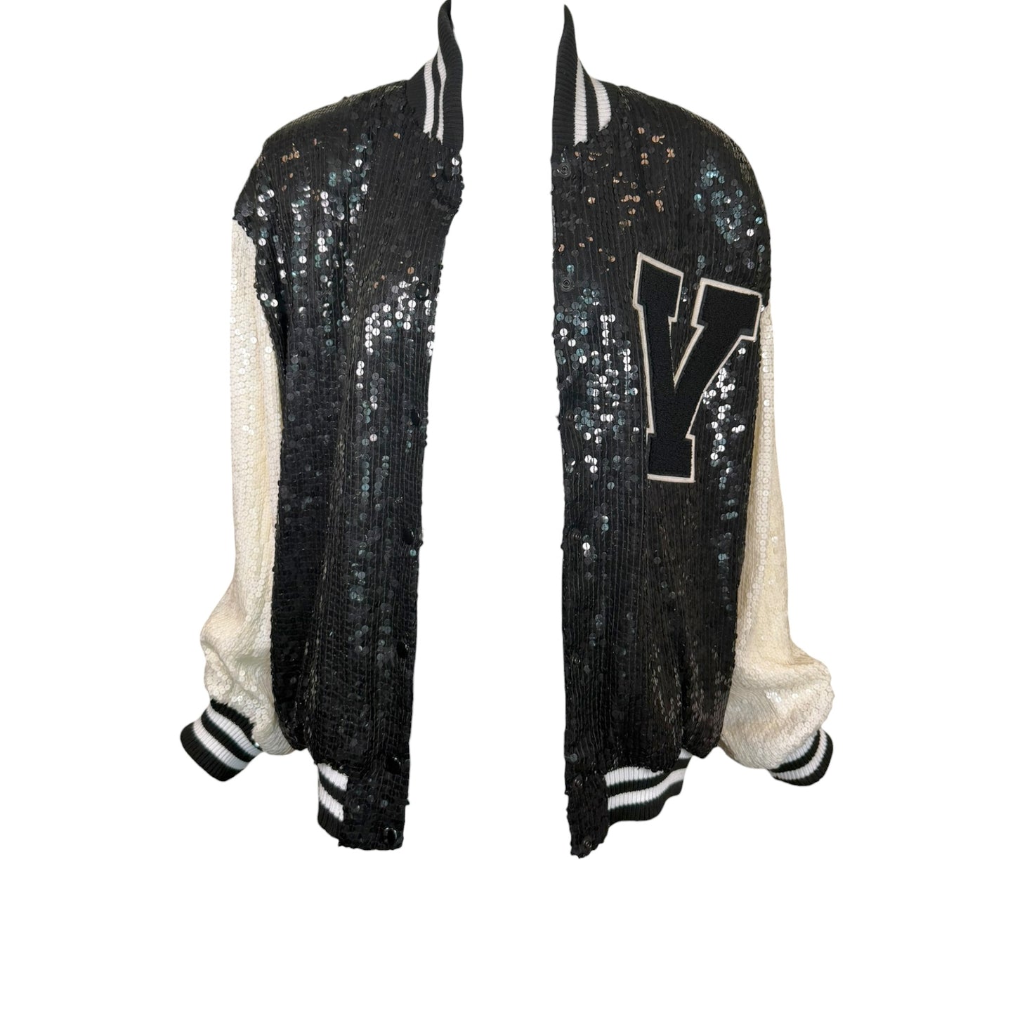 Vintage 1985 St. Martin Black & White Sequin Letterman Jacket with Chenille “Y” Patch, Size Large