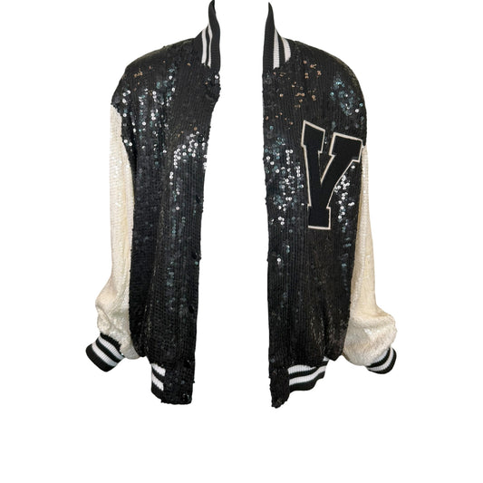 Vintage 1985 St. Martin Black & White Sequin Letterman Jacket with Chenille “Y” Patch, Size Large